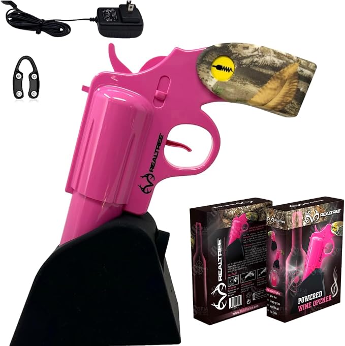 Realtree® Electric Gun Wine Bottle Opener - Open your Wine Bottle Fast with this New Corkscrew - Great Gift for Gun Enthusiasts and Wine Lovers. Foil Cutter and Charging Base Included. (Pink)