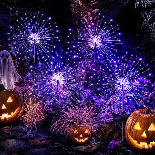GIGALUMI 4 Pack Solar Firework Lights Outdoor, Halloween Decor, Purple