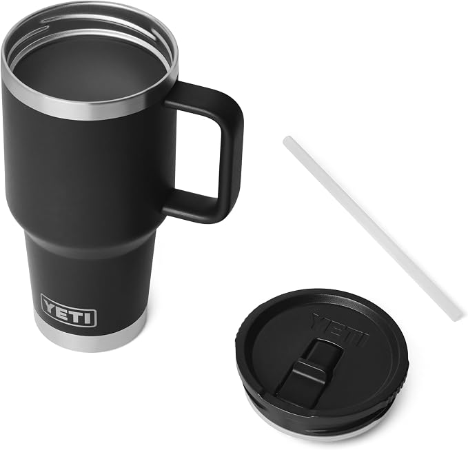 YETI Rambler 30 oz Travel Mug with Flip Straw Lid – Stainless Steel, Vacuum Insulated, Leakproof, Cup Holder Friendly, Black