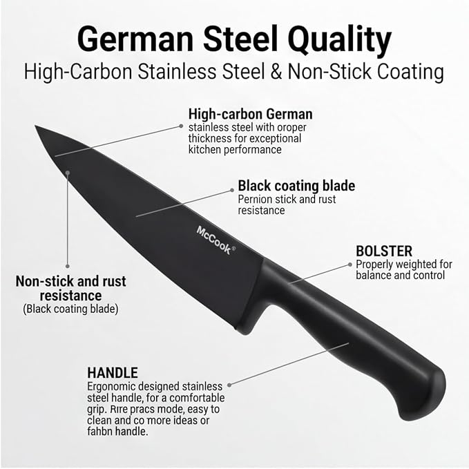 McCook Knife Set Black Kitchen Knife Block Set w Built-in Sharpener | German Forged Stainless Steel,15 PC,Razor Sharp, Anti-Rust,Ergonomic Handle,Full Tang,Dishwasher Safe,Gift Box