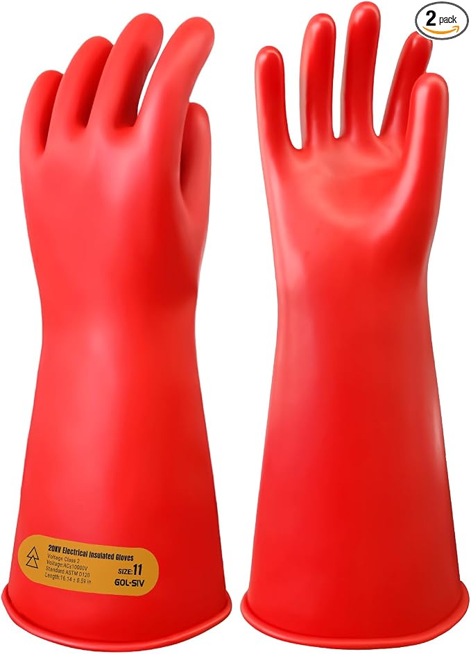 Class 2 High Voltage Electrical Insulated Gloves, 20KV Tested (Max Use 10KV) - Heavy Duty Rubber Electrician Gloves for EV Hybrid Car Repair, Lineman Work & Industrial Maintenance - Red Latex