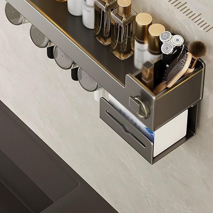 Toothbrush Rack Aluminum Toothbrush Holder Gun Gray Toothpaste Holder Multi-Storage Space Storage Bracket Wall-Mounted No Punching Required Bathroom Toothbrush Holder(L27.3cm)