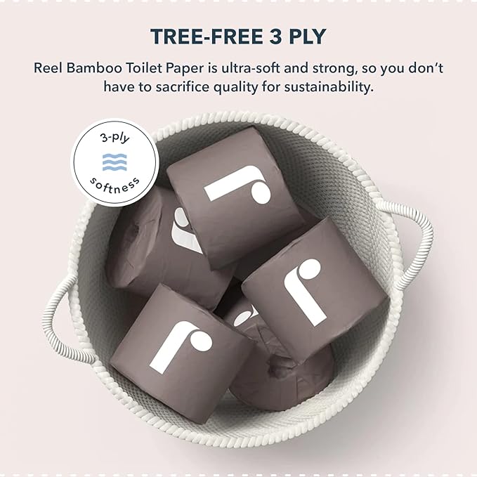 Reel Premium Bulk Bamboo Toilet Paper - 48 Rolls of Toilet Paper - 3-Ply Made From Tree-Free - Zero Plastic Packaging, Septic Safe