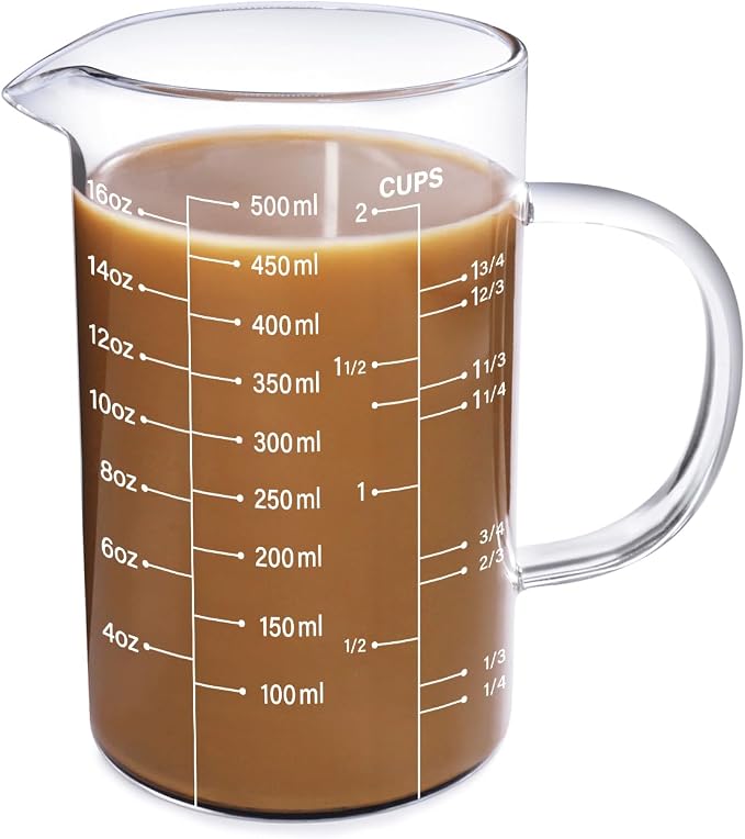 77L 2 Cup Glass Measuring Cup, [Insulated handle, V-Shaped Spout], High Borosilicate Glass Measuring Cup for Kitchen or Restaurant, Easy To Read, 500 ML (0.5 Liter, 2 Cup)