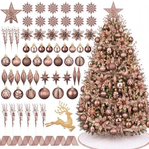 CroBlissful 118 Pcs Christmas Tree Ornaments Set Including Ornaments Balls, Hanging Snowflakes Icicle, Mesh Ribbon, Tree Top Star, Flower, Berries Stems for Xmas Trees Holiday Decor(Brown)