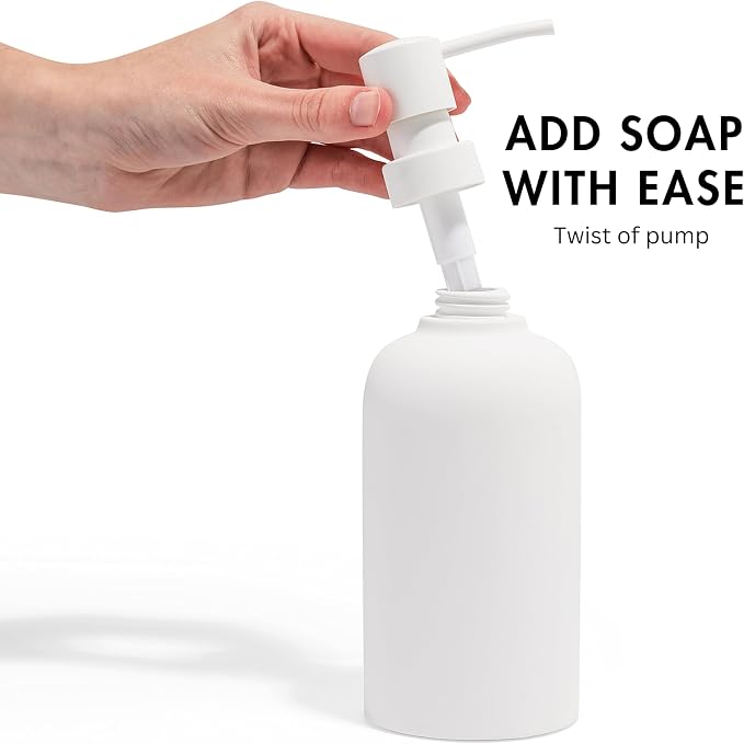Matte White Round Soap Dispenser Set with Tray for Kitchen, Countertop & Bathroom – 2 Pack 15 oz Refillable Resin Pump Bottle for Dish Soap, Hand Soap, Shampoo, Conditioner – Non-Slip Protective Pads