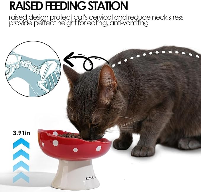 Purple Mushroom Cat Bowl, Elevated Ceramic Bowl for Cats | Elevated, Ceramic, Whisker Friendly, Wide Opening, Dishwasher Safe,durable