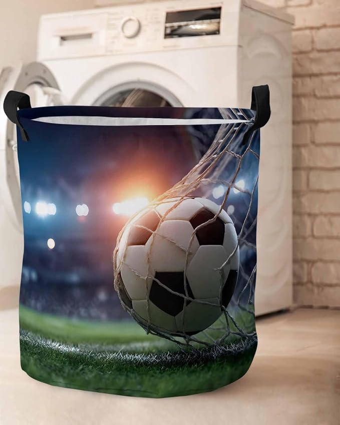 Collapsible Laundry Basket 42L, Football Storage Bin Laundry Hamper with Handles, Goal Net Soccer Sports Orange Blue Green Waterproof Clothes Baskets for Bathroom/Bedroom 13.8 x 17 In