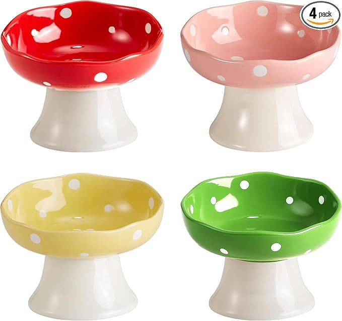 4PCS Multi-Color Mushroom Cat Bowl Set, Elevated Ceramic Bowls for Cats | Multi-Color, Cute, Elevated, Ceramic, Whisker Friendly, Anti Vomiting