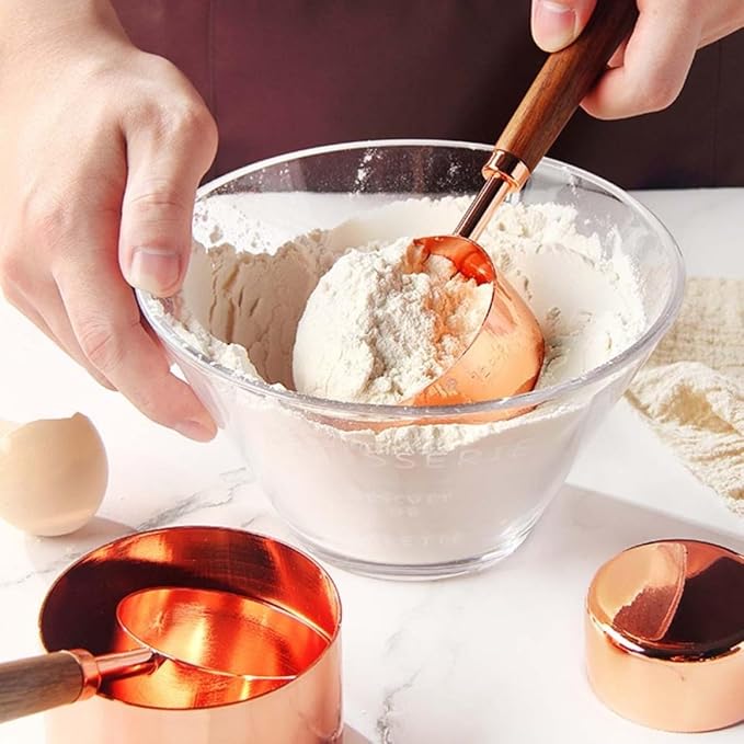 Unomor 8pcs Walnut Handle Measuring Cups and Spoons Set, Golden Stainless Steel Baking Tools with Double Graduated Units, Easy to Use Multifunction Kitchen Gadgets for Precise Ingredient