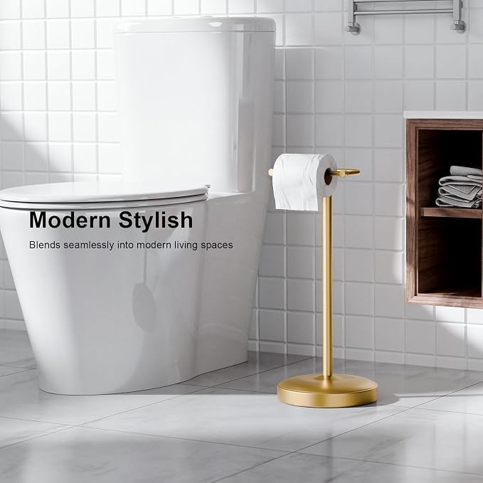 Freestanding Toilet Paper Holder Stand, Heavy Duty Brushed Brass Stainless Steel Toilet Paper Holder with Weighted Base, Rustproof & Tool-Free Installation for Modern Bathrooms
