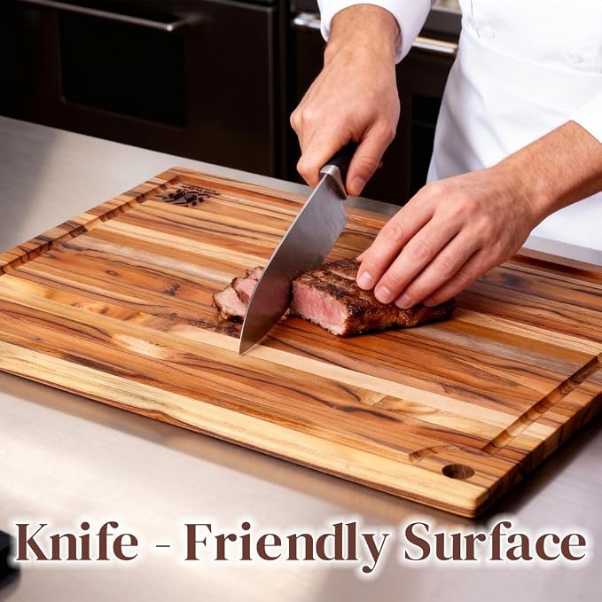 Set of 2 Premium Teak Wood Cutting Board, 18" x 14" x 0.6" Thin Solid Hardwood for Meat, Fruit, Bread & Cheese Prep w/Deep Juice Groove, Non-Toxic, BPA/Plastic Free by New M Way