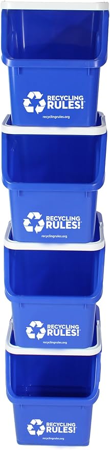 6 Gallon Stackable Recycling Bin Container in Blue, Eco-Friendly BPA-Free Handy Recycler with Handle, 4-Pack
