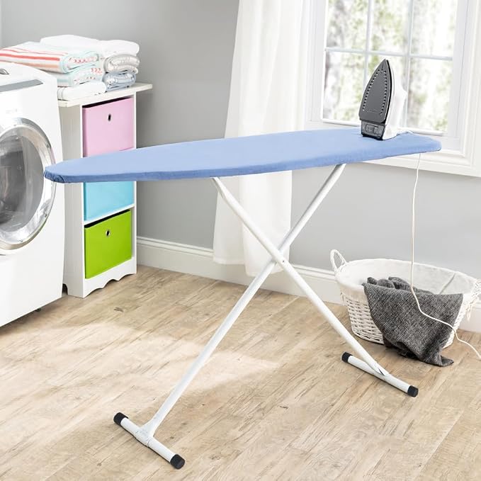 Full Size Ironing Board with Cover & Pad – USA-Made with Enhanced Grip Feet for Extra Stability – Adjustable Steel T-Legs 35" H – Perforated Top – Durable Iron Board for Home Laundry Room Light Blue