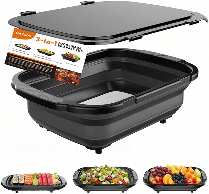 Collapsible BBQ Prep Tub with Titanium Cutting Board, 22L/5.5Gal Food Storage with Locking Lid, Outdoor Seasoning Storage Bin for Camping, Kitchen and BBQ