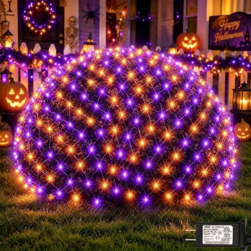 Lovelite 300LED Net Lights Halloween Decorations, 14.8ft x 5ft Outdoor Mesh Lights 8 Modes & Timer, Connectable Waterproof Christmas Light for Bushes Xmas Tree Party Garden Lawn, Purple Orange