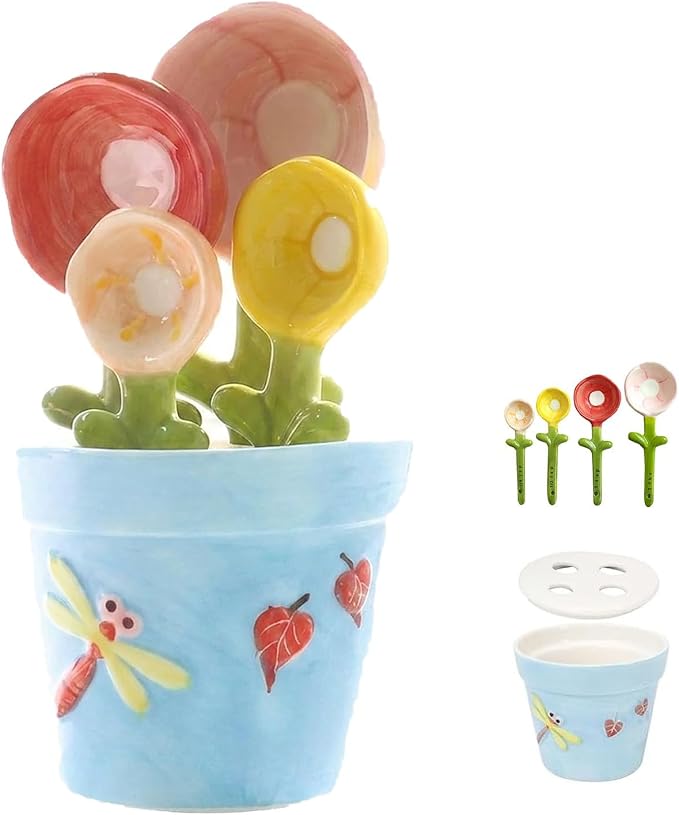 Ceramic Flower Measuring Spoons Set with Flowerpot Base, 2026 Decorative Cute Measuring Cups and Spoons Set with Holder for Dry and Wet Ingredients (Blue)