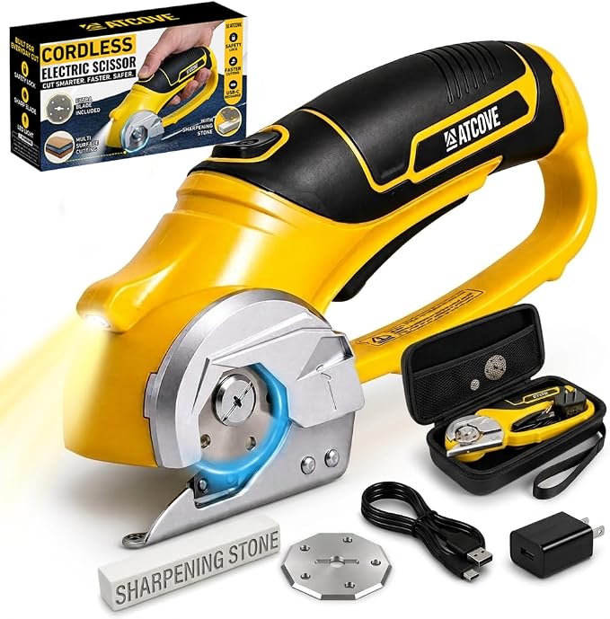 Cordless Electric Scissors - 4V Rechargeable Cardboard Cutter with Safety Lock and LED Light - Electric Box Cutter for Cardboard, Fabric, Leather, Rope - Cordless Scissors Cutting Tool up to 0.25 in