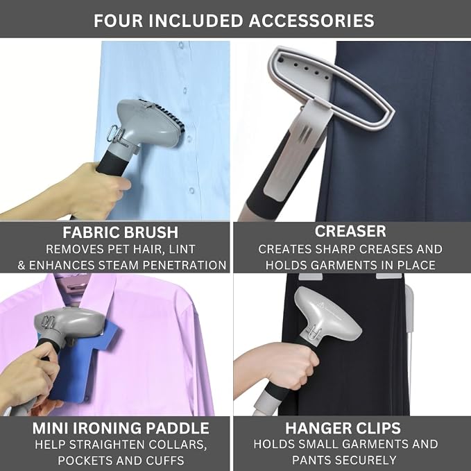 SALAV GS45-DJ Professional Upright Garment Steamer with Roll Wheels, Multi-Function Extra Wide Hanger, Fabric Brush & Mini Ironing Paddle, 1500 watts, Silver