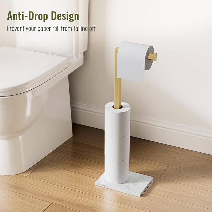 Gold Toilet Paper Holder Stand Marble Base SUS 304 Stainless Steel Freestanding Tissue Roll Holder for Bathroom Rustproof Storage for 4 Rolls Brushed Gold by Homevacious