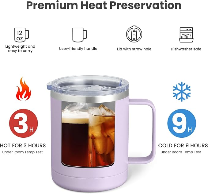 MEWAY 12oz Coffee Mug With Handle and Sliding Lid,Stainless Steel Travel Tumbler Cup with Handle,Double Wall Vacuum Insulated Camping Cup for Hot & Cold Drinks Tea (Lilac,Set of 1)