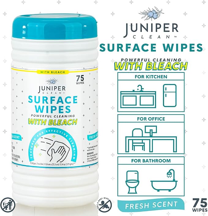 Juniper CLEAN 4 Pack Surface Cleaning Wipes with Bleach, All-Purpose Cleaner for Bathroom, Kitchen, Office, 300 Count Canister, 7.5" x 7" Sheet, Fresh Scent, Lint Free & Durable