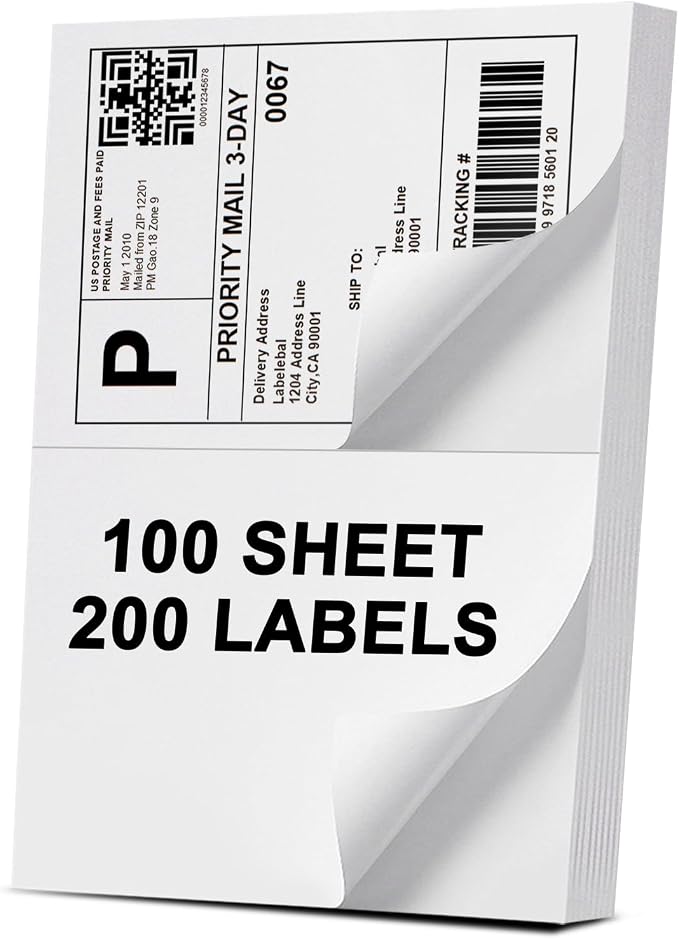 Address Labels, 2 UP Shipping Stickers for Laser & Inkjet Printers,8.5" x 5.5" Shipping Mailing Labels, 2 per Page Shipping Labels, 5 1/2 x 8 1/2 Half Sheet Labels, 200 Labels