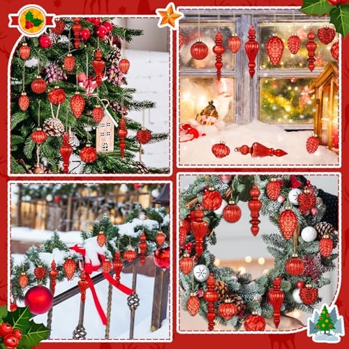 Vercraft 20 Pcs Vintage Mercury Glass Finial Christmas Ornament, Red
