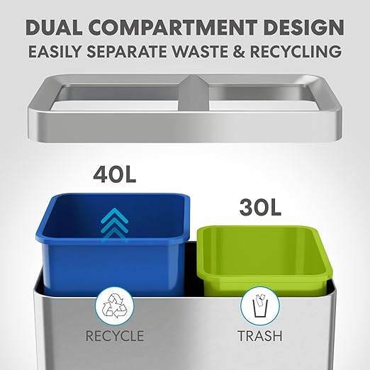 Simpli-Magic 70 Liter / 18.5 Gallon Rectangular Open Top Dual Compartment Recycling Trash Can, Stainless Steel (40L x 30L Capacity) Ideal for Restaurants, Coffee Shops, Gym and Households, 79655