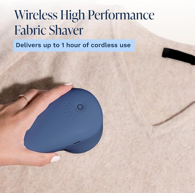 Nori Trim Fabric Shaver - Lint Remover for Clothes & Furniture - Navy | Couch pilling, sweater pill remover, clothes shaver with 6 precision blades, wireless and rechargeable