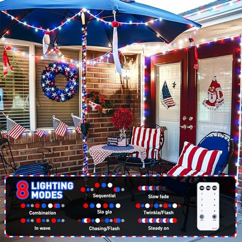 JMEXSUSS 600 LED Red White and Blue Lights Outdoor,4th of July Decor Lights