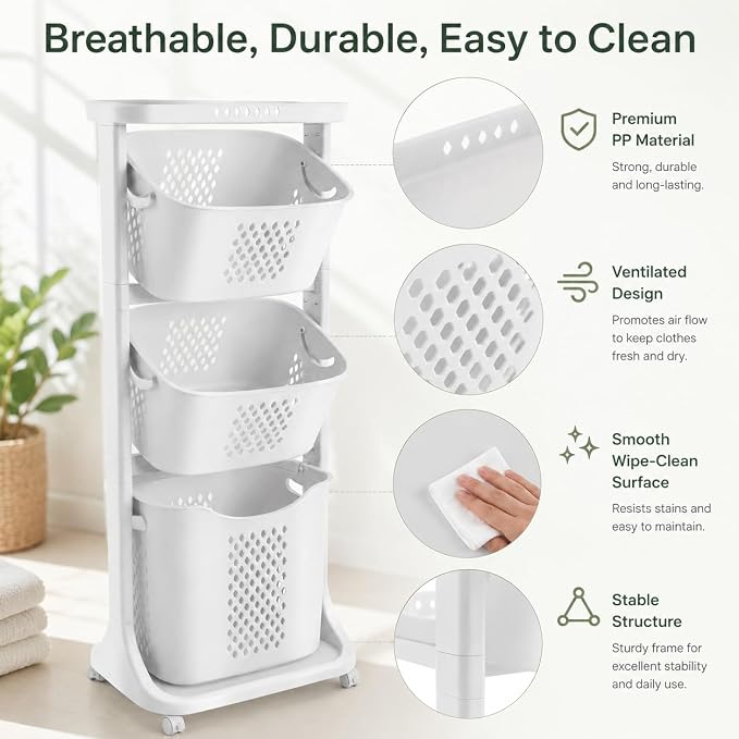 3 Tier Laundry Basket, Stackable Rolling Laundry Sorte Multi-functional Clothes Washing Storage Hamper Bin with Wheels for Bathroom, Household Kitchen (White)
