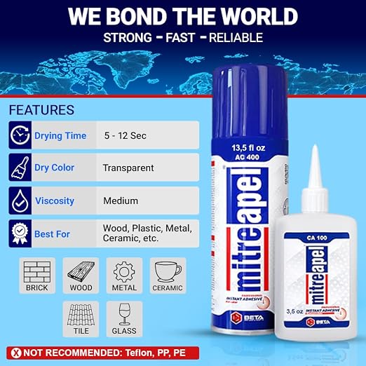 MITREAPEL CA Glue with Activator (3x1.7oz-3 x 6.7 floz)Instant Bond Professional Cyanoacrylate Adhesive and Super Glue Accelerator for Woodworking ,Ceramic,3D Printing,Glass, DIY&Craft, Plastic,Repair