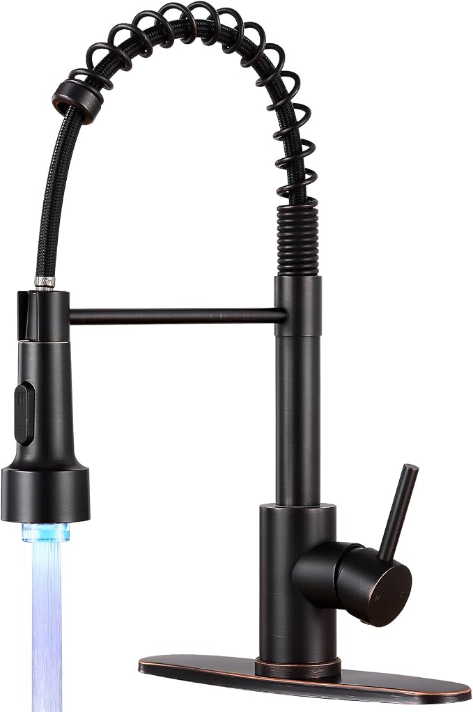Kitchen Faucet with LED Pull Down Sprayer ORB | 2-mode sprayer, 360° high arc spout, 304 SS build, drip-free valve, fingerprint-resistant, DIY install, 500K cycle tested