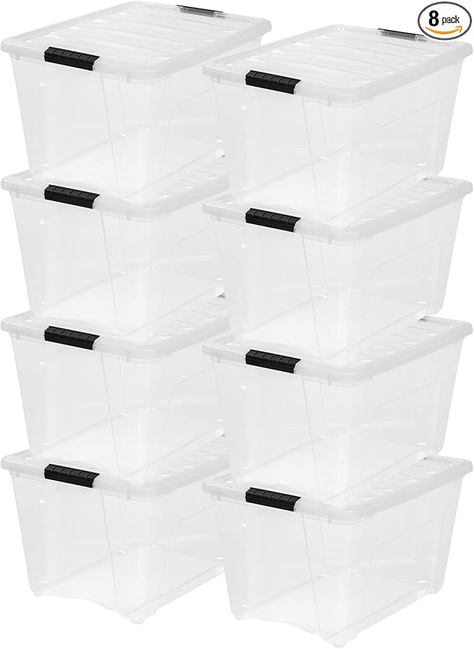 IRIS USA 54 Qt Stackable Plastic Storage Bins with Lids, 8 Pack - BPA-Free, Made in USA - See-Through Organizing Solution, Latches, Durable Nestable Containers, Secure Pull Handle - Clear