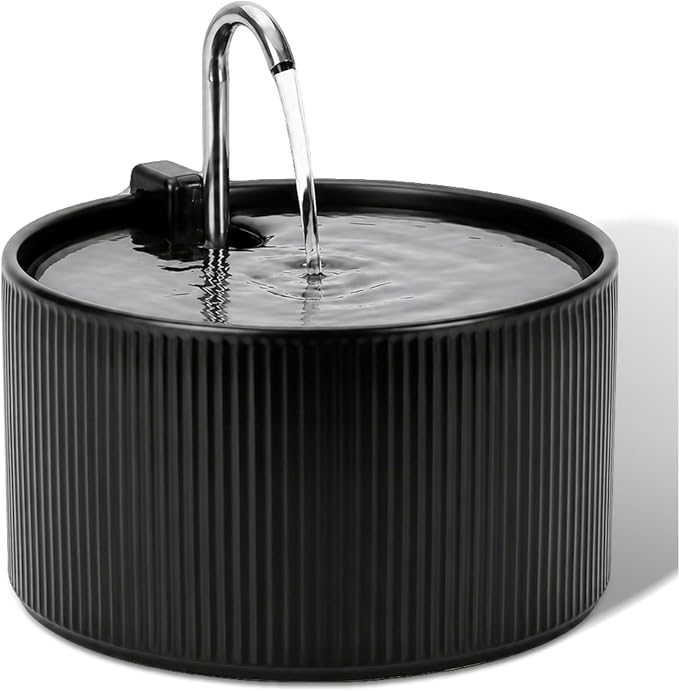 2.2L Ceramic Pet Fountain –Porcelain Pet Water Fountain & Little Dog Drinking Bowl– Automatic Cat Water Dispenser （Black）