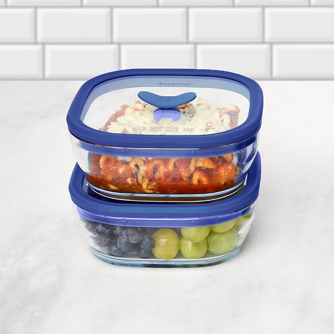 Anyday 2 Pack 2.5 Cup Microwavable Glass Lunch Containers (Blueberry) | Microwave Safe Bowls with Glass Lids, Food Storage, Bento Box Meal Prep Container