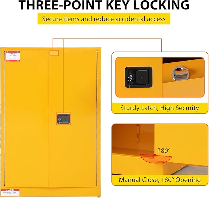 Flammable Storage Cabinet 43" x 18" x 65", 45 Gallon Galvanized Steel Flammable Liquid Storage Locker with 2 Adjustable Shelves & Manual-Close Doors, OSHA Compliant Industrial Hazardous Storage, Yell