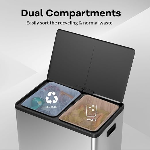 GarveeHome 16 Gallon Dual Compartment Trash Can, Stainless Steel Recycling Trash and Recycle Bin Combo with Step Pedal, Silent-Close Lid, Odor Control & Pet-Proof Design for Kitchen, Office