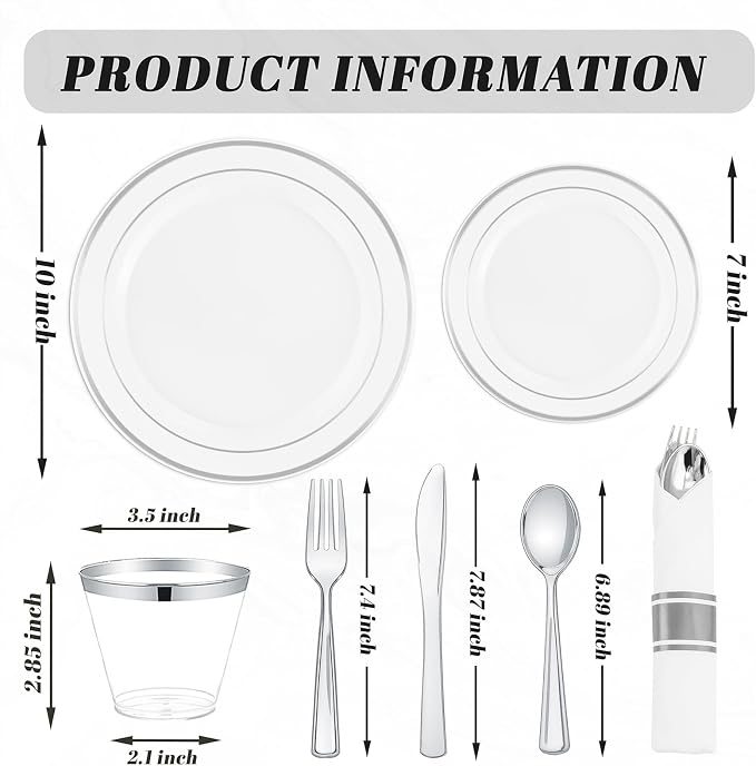 WDF Partyware 175PCS Sliver Plastic Plates - Silver Plates Disposable - White Plate with Silver Trim 25Guests Plastic Dinnerware Sets with Rolled Napkins for Wedding Baby Shower Spring Birthday