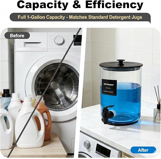 Glass Laundry Detergent Dispenser for Laundry Room Organization-2 Black | 1 Gallon Large Liquid Soap Dispenser with Black Metal Lid & Leak-Proof Spigot, 2 Measured Cups, 2 Silicone Mats & 9 Labels