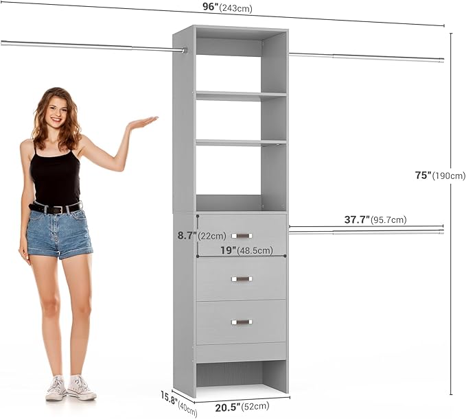 Besiost 96'' Closet Organizer System with 3 Hanging Rods, 8FT Closet Organizers and Storage with 3 Wooden Drawers, Built in Closet Organizer Systems, Adjustable Walk-in Wardrobe from 5-8FT, Grey