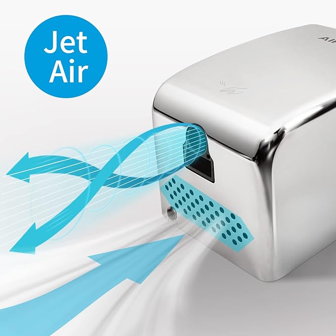 AIKE UL Approved Compact Jet Hand Dryer Hard-Wired Friendly, 1350W 120V Polished Stainless Steel Model AK2803D