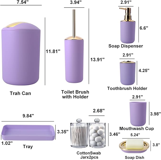 BSSN Purple and Gold Bathroom Accessories Set, 9 Pieces Luxury Bath Decor Set with Trash Can, Toilet Brush, Gold Pump Soap Dispenser, Multi-Slot Toothbrush Holder, Qtip Jars and Tray