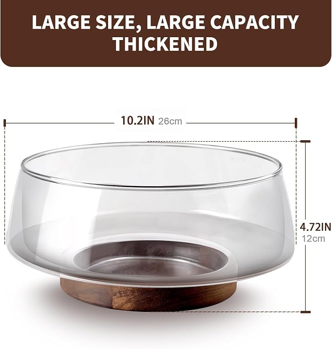 Large Glass Salad Bowls with Lid Set | Decorative Glass Mixing Bowl with Acacia Wood Serving Utensil | Elegant Kitchen Serving Bowls | Essentials Party