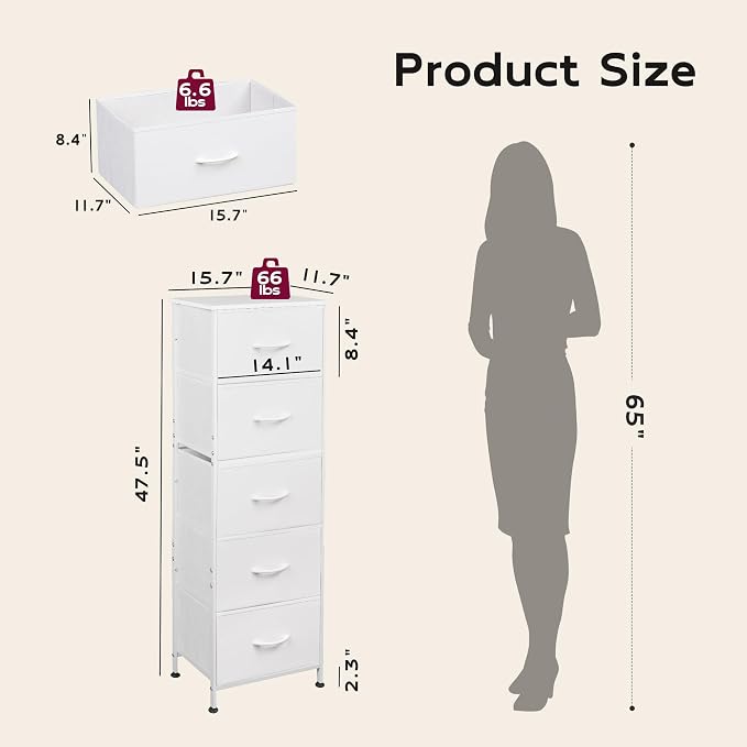 WLIVE Fabric Dresser, 5-Drawer Tall Dressers for Bedroom, Storage Dresser Organizer with Fabric Bins, Wood Top, Sturdy Steel Frame, Chest of Drawers for Closet, Hallway, White