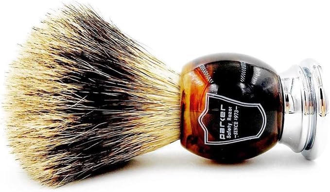 Parker 3-Band Pure Badger Shaving Brush with Faux Horn & Chrome Handle + Stand | 22mm Soft Knot for Dense Lather | Handcrafted Wet Shaving Brush for Cream or Soap | Long Loft
