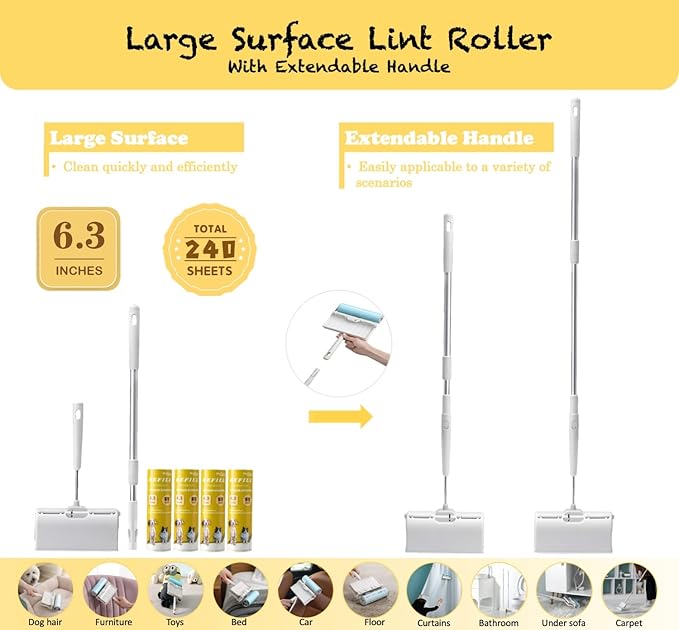 Large Surface Lint Roller Extra Sticky with Extendable Long Handle Dust-Proof Cover 6.3'' Wider 240 Sheets, Lint Rollers for Pet Hair Extra Sticky 400 Sheets