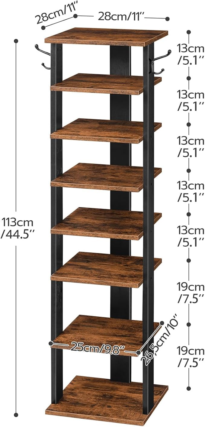 HOOBRO 8 Tiers Vertical Shoe Rack, Wooden Shoe Storage Organizer with Hooks, Narrow Shoe Tower for 8 Pairs, Space Saving, for Entryway, Living Room, Bedroom, Rustic Brown BF07XJ01G1