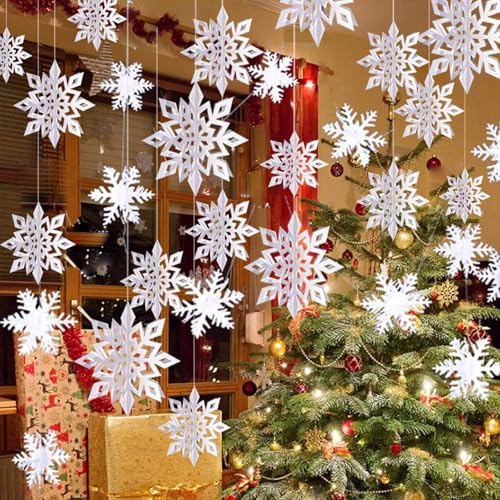 Snowflake Decorations, Paper Christmas Hanging Decor Indoor, White, 36-Pc